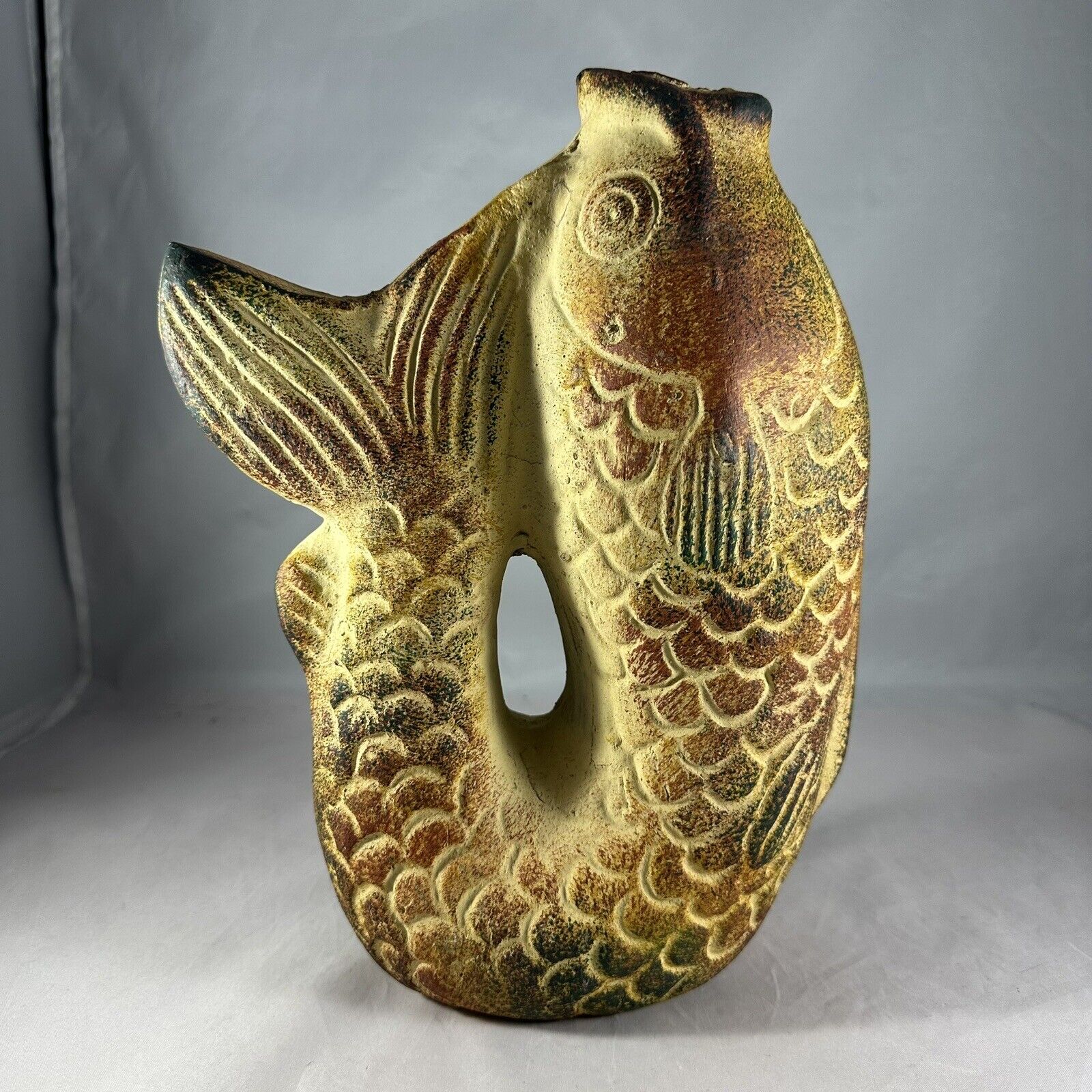 Modern Pottery Fish Pitcher Jug Dry Brush Mottled Paint Technique On Surface