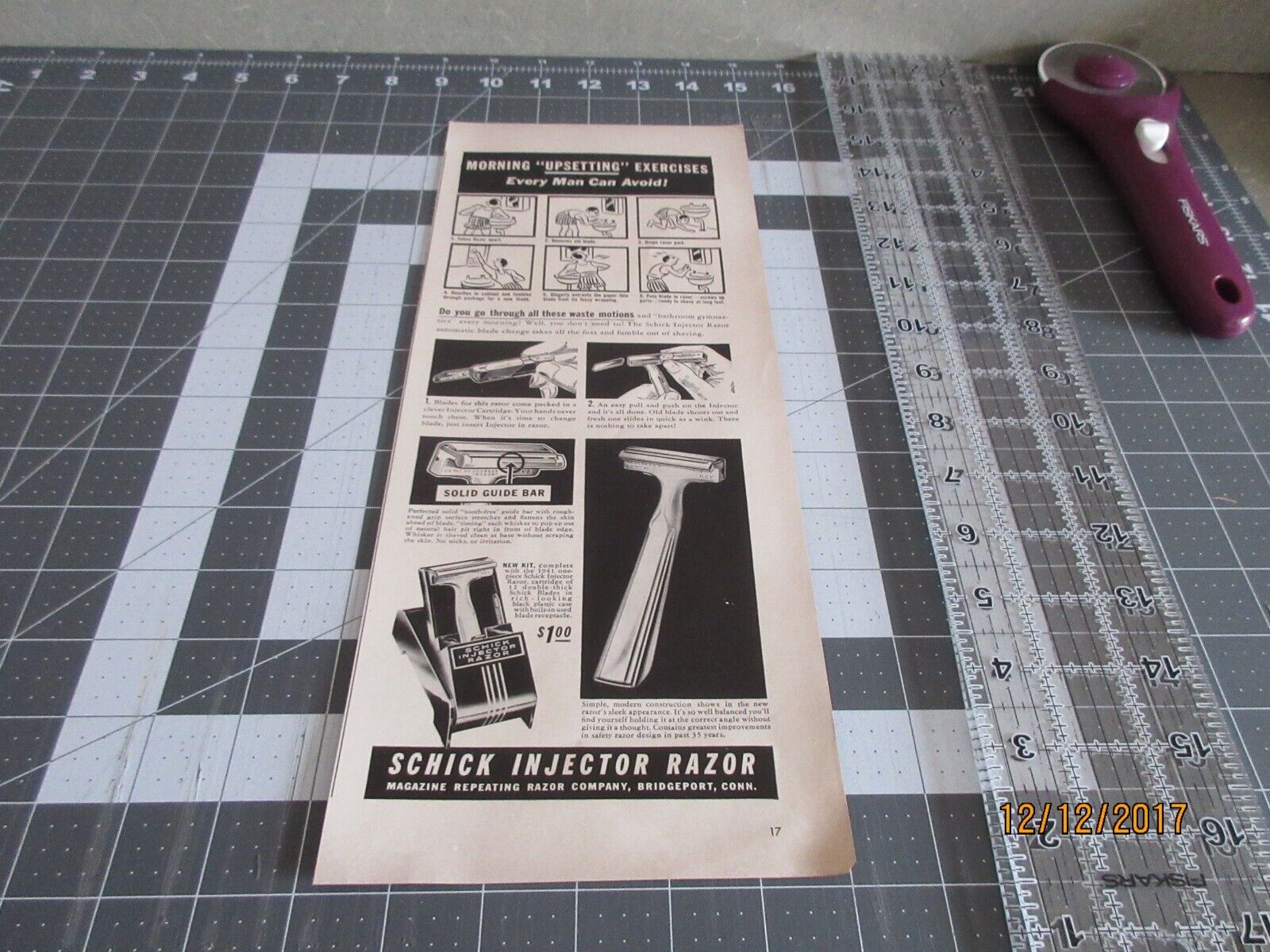 1941 Schick Injector Razor, upsetting exercises Vintage Print Ad