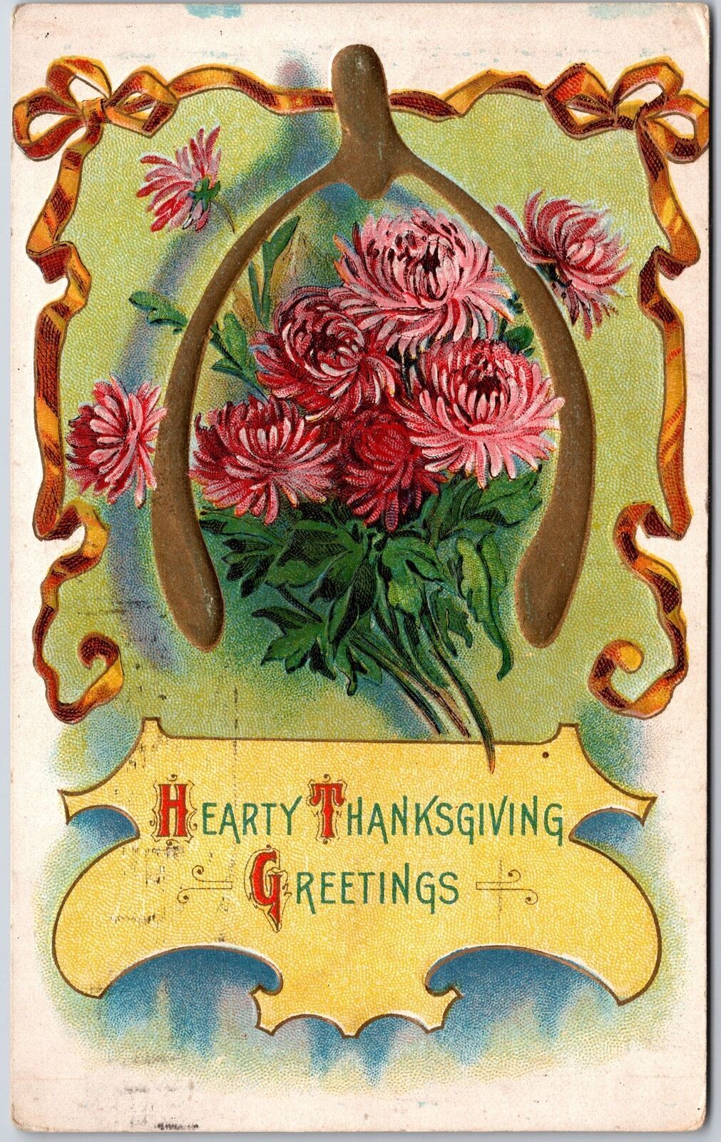 Hearty Thanksgiving Greetings Daisies Flowers Lucky Curve Horseshoe Postcard