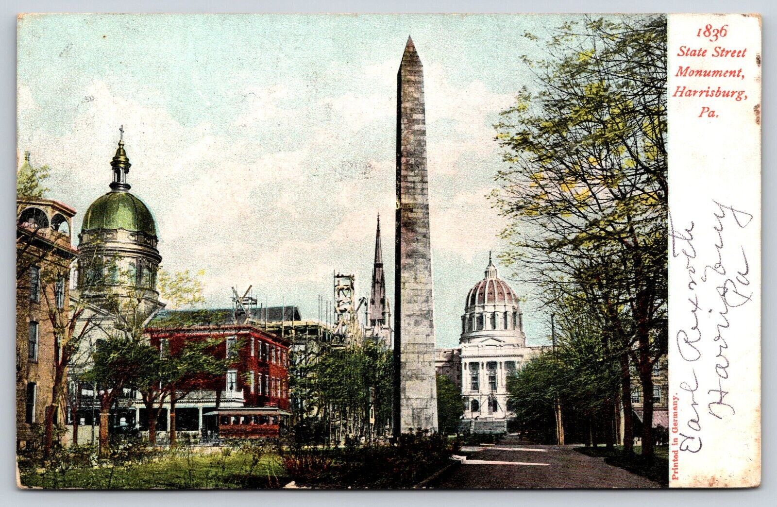 Original Old Vintage Antique Postcard State Street Monument Harrisburg, PA 1906