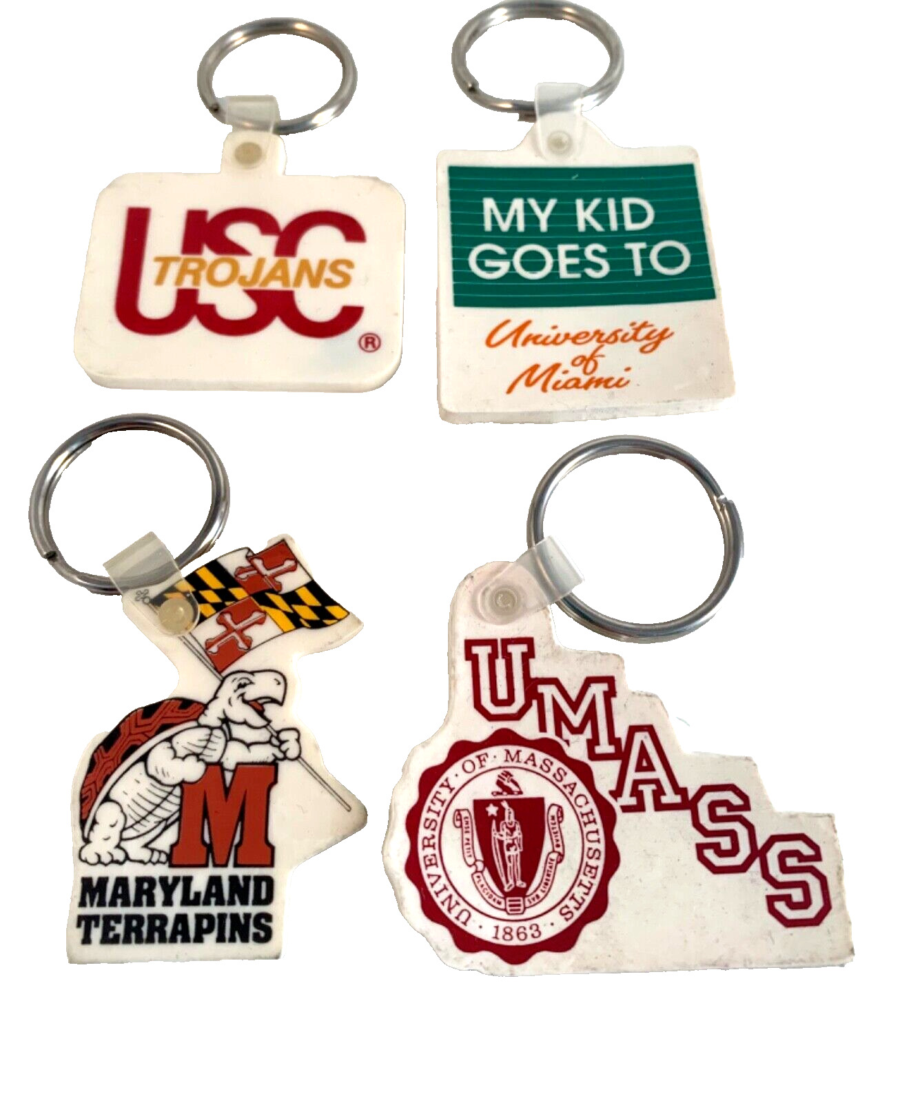 University Miami Vintage Keychains Trojans Maryland Lot of (4) UMASS USC Terps