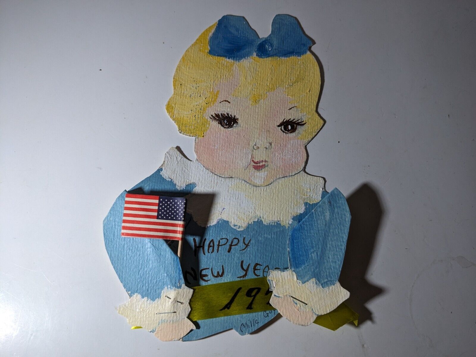 Vintage 1971 Hand Made Happy New Year Greeting Card Baby Girl Flag