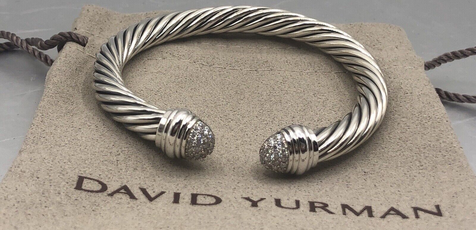 David Yurman Silver 7mm Cable Classic Diamond Tip Cuff Bracelet