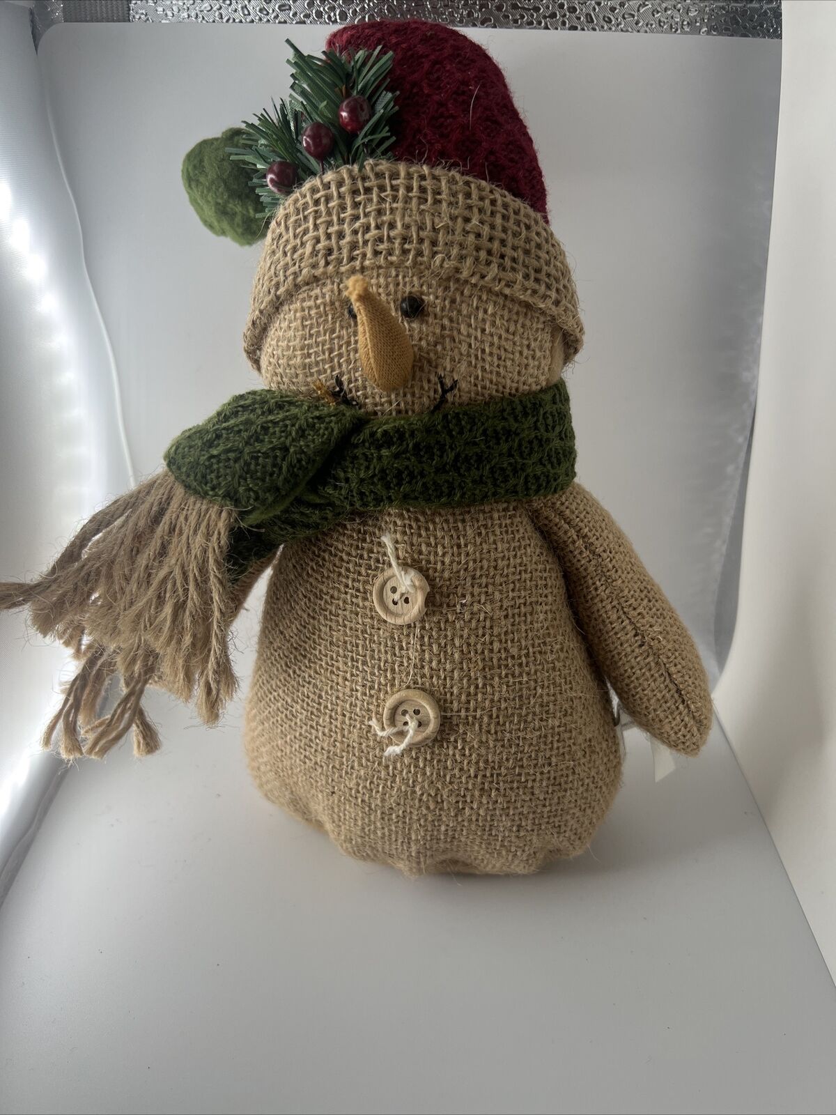 Vintage 10” Burlap Standing Snowman Natural Brown Christmas Decor