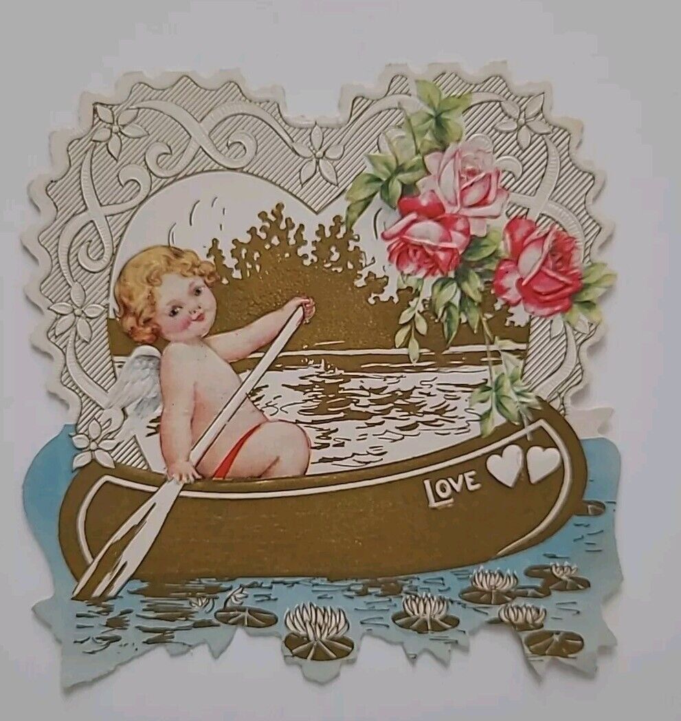 1930s Vtg VALENTINE CHERUB in Gold LOVE Canoe Whitney Made HEART Embossed CARD