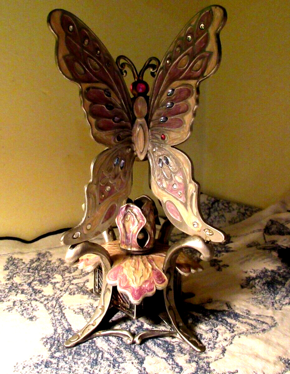 Sankyo Music Box Enamel/Jeweled Rhinestone Metal Butterfly Revolving Flower