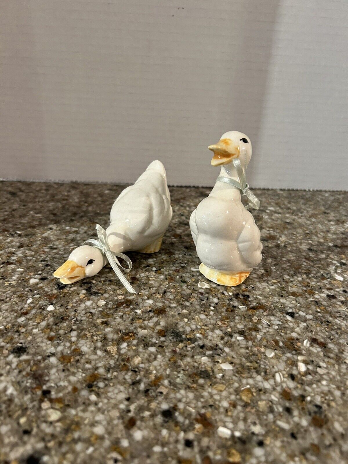 Pair of Vintage Porcelain Ceramic Ducks Geese Blue Bows Birds Water Fowl
