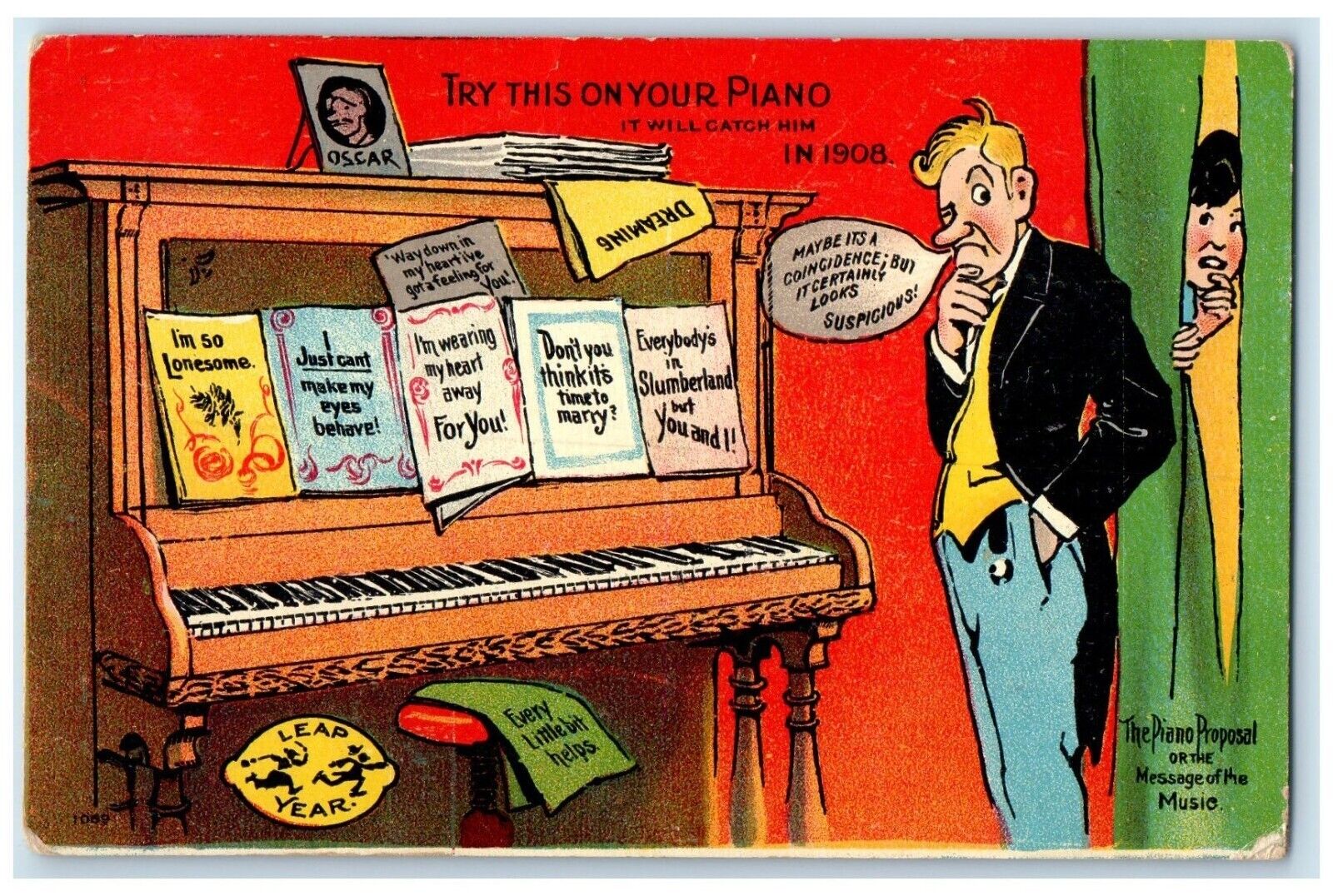 1908 Leap Year Man Piano Rubber Havana Illinois IL Posted Antique Postcard
