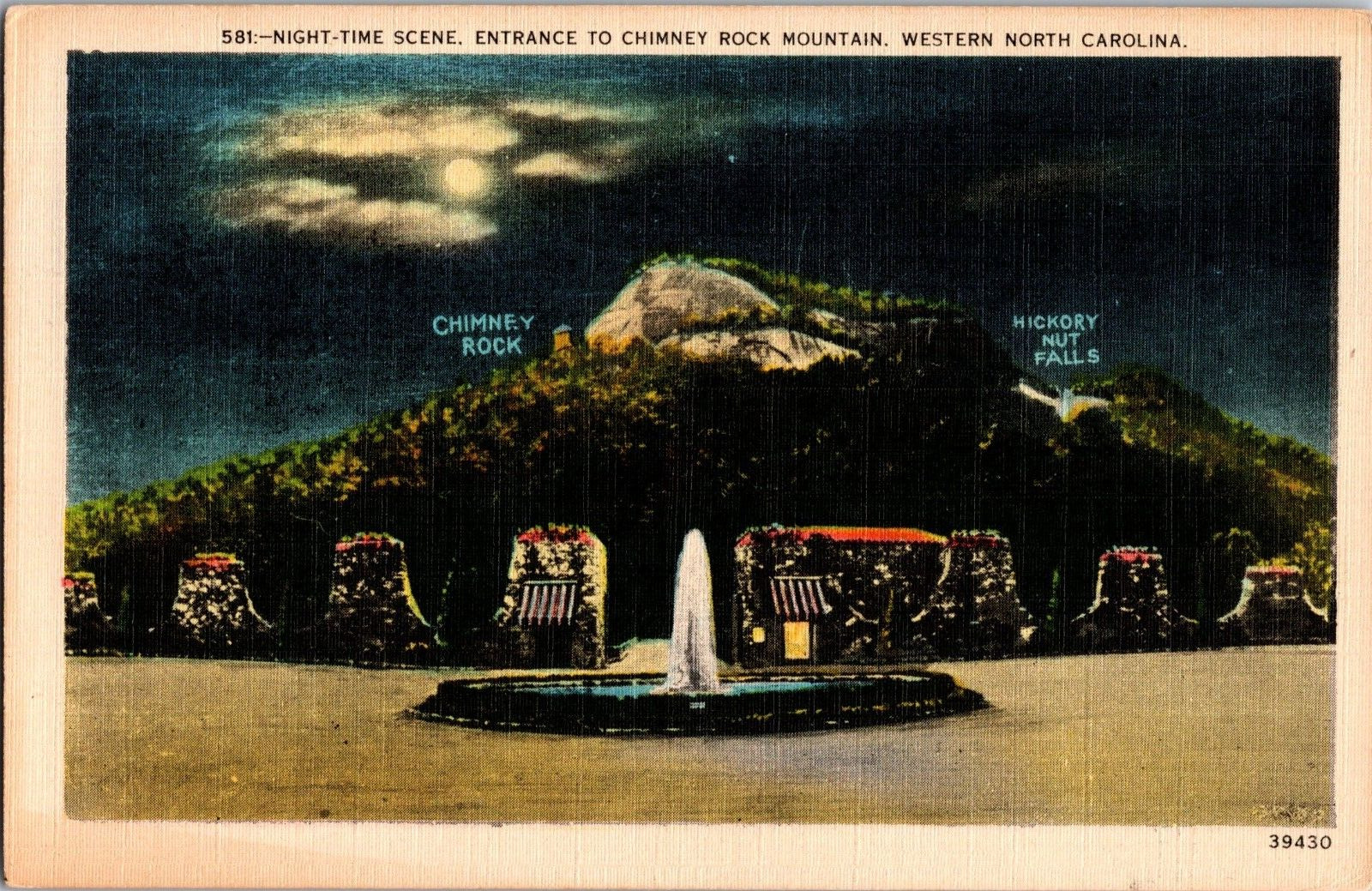 Entrance to Chimney Rock Mountain Western North Carolina Night Scene Postcard