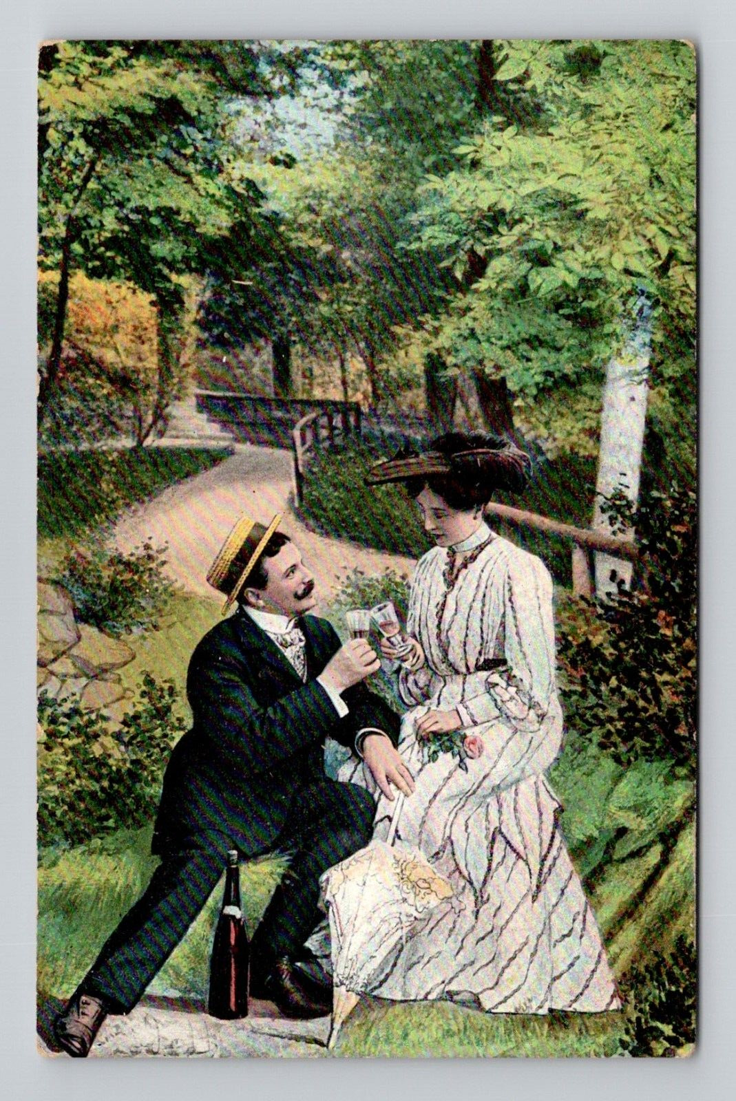 Postcard Lovely Couple Toasting Wine in Garden, 1907 Antique B2