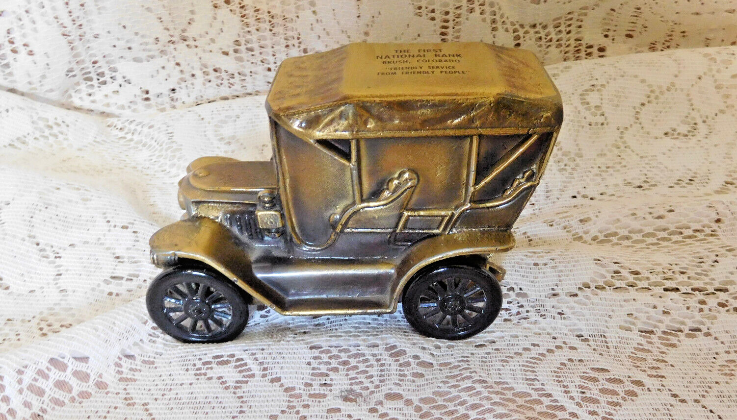 Vtg Banthrico 1910 Brass Car Bank ~The First National Bank BRUSH COLORADO~