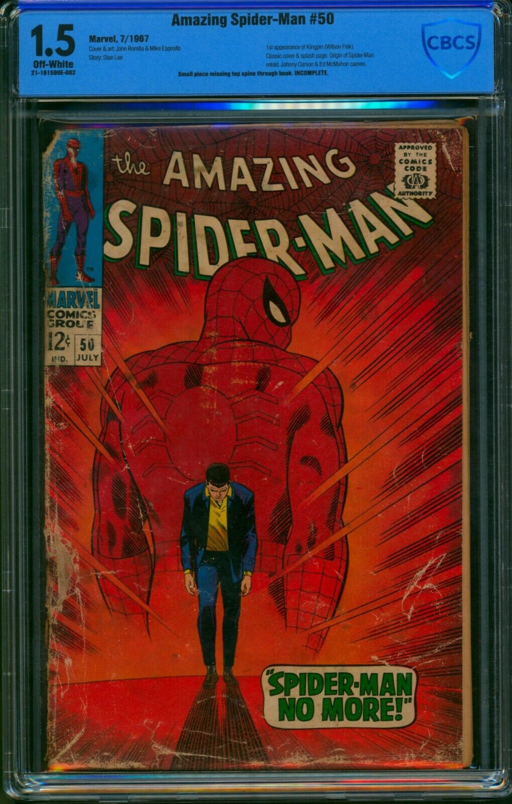 AMAZING SPIDER-MAN #50 ⭐ CBCS 1.5 OW ⭐ 1st App of KINGPIN Marvel 1967 Not cgc