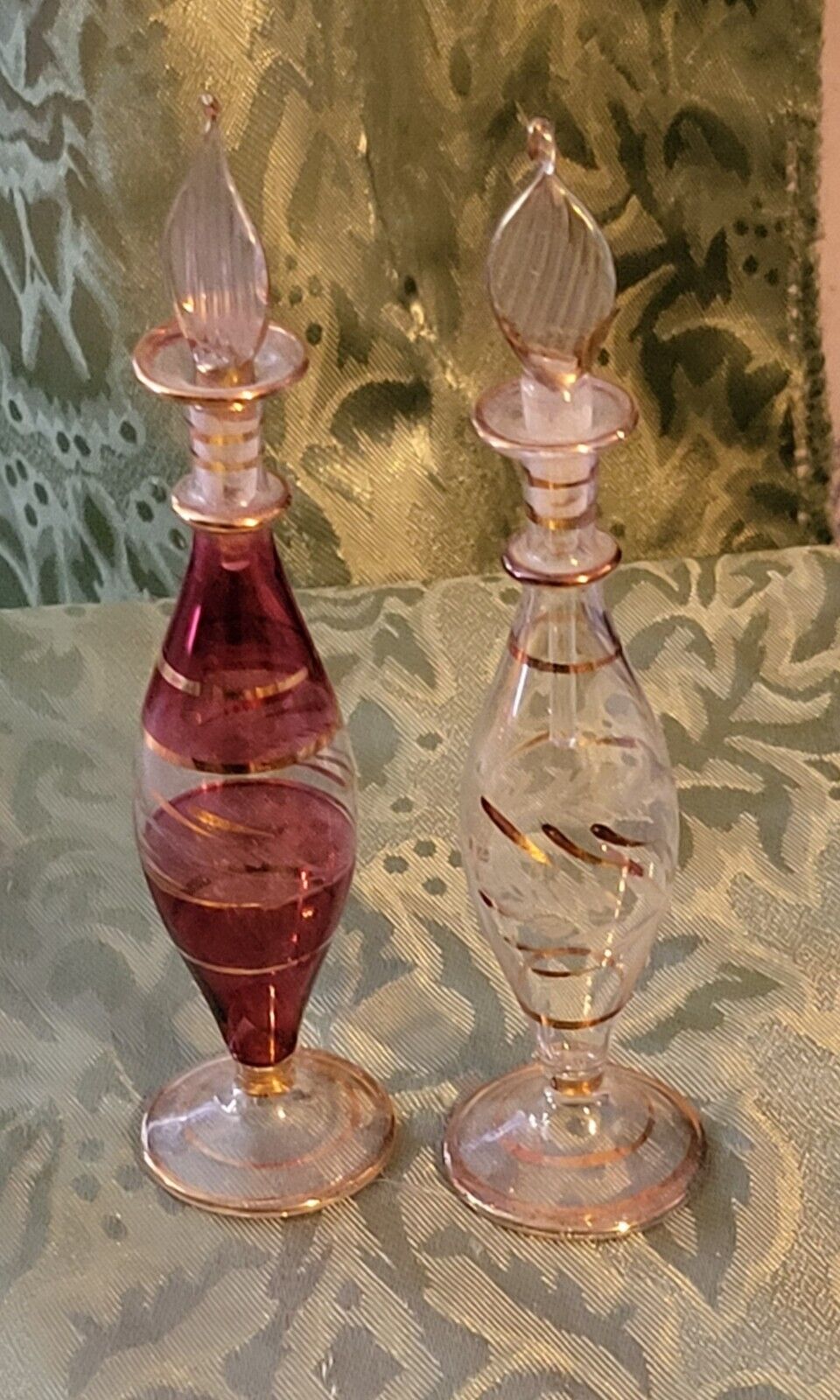 Set of 2 Vintage Egyptian Hand Blown Etched Glass Perfume Bottle Gold Trim