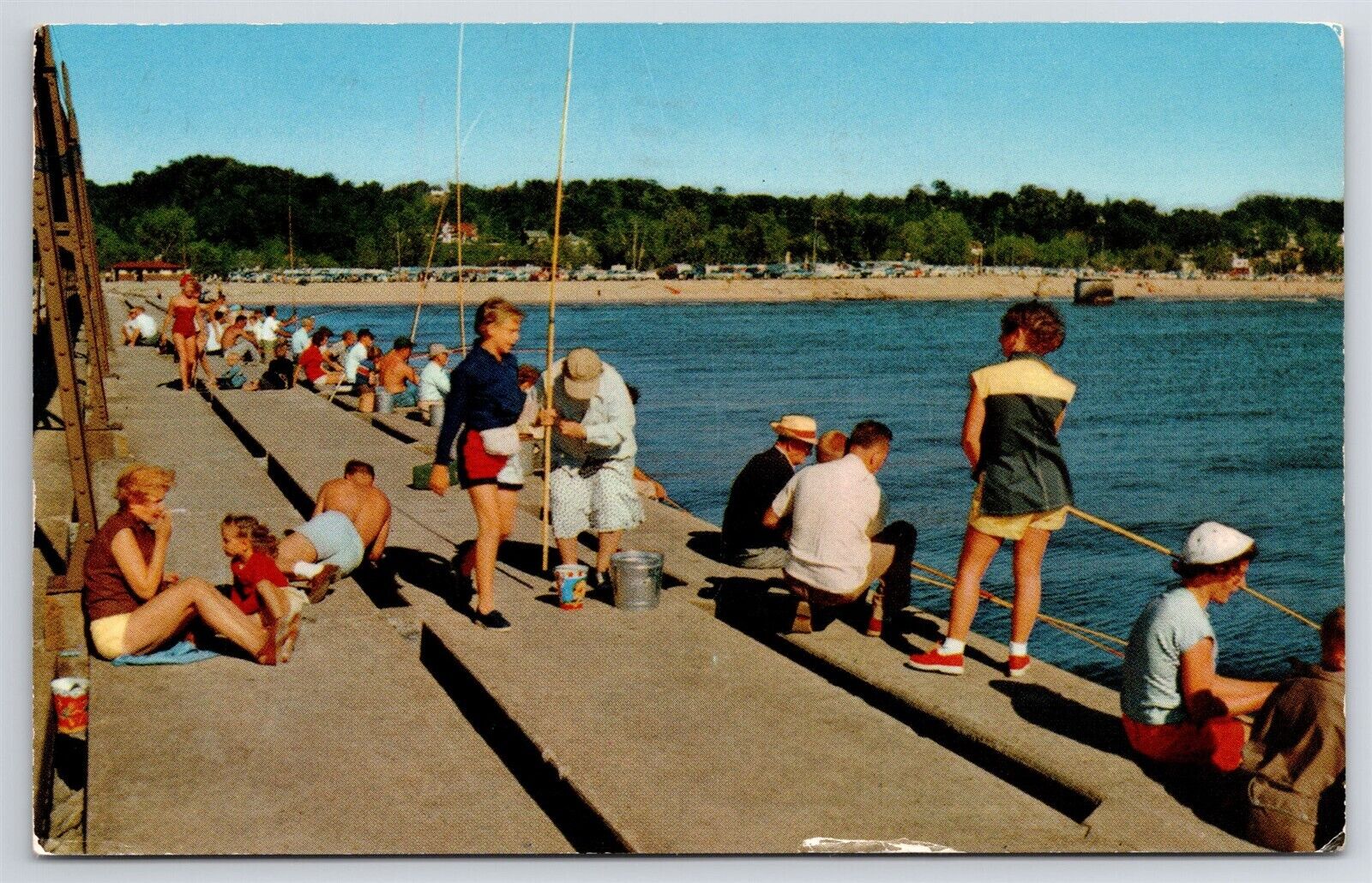 Postcard c1957 Grand Haven MI Perch Fishing State Park South Pier Michigan