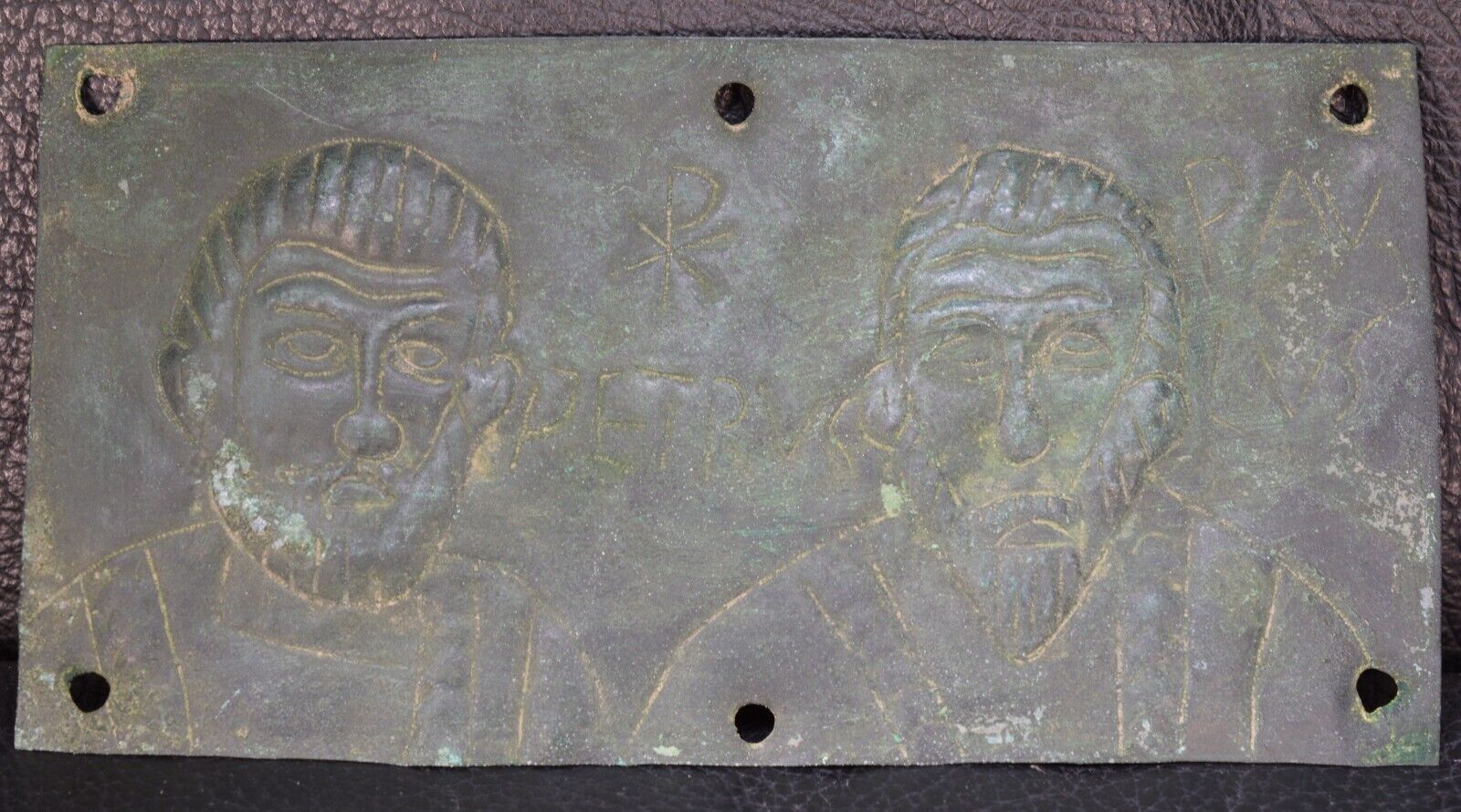Byzantine Bronze Icon Attachment Petrvs & Pavlvs, Chi-Rho Symbol