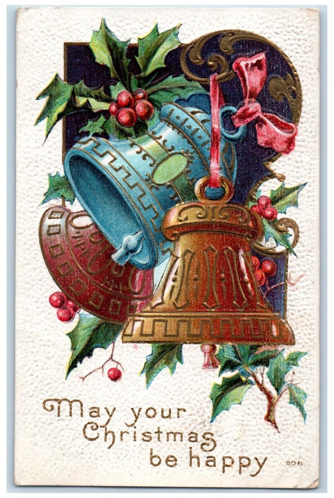 c1910's Christmas Holly Berries Bells Embossed Posted Antique Postcard