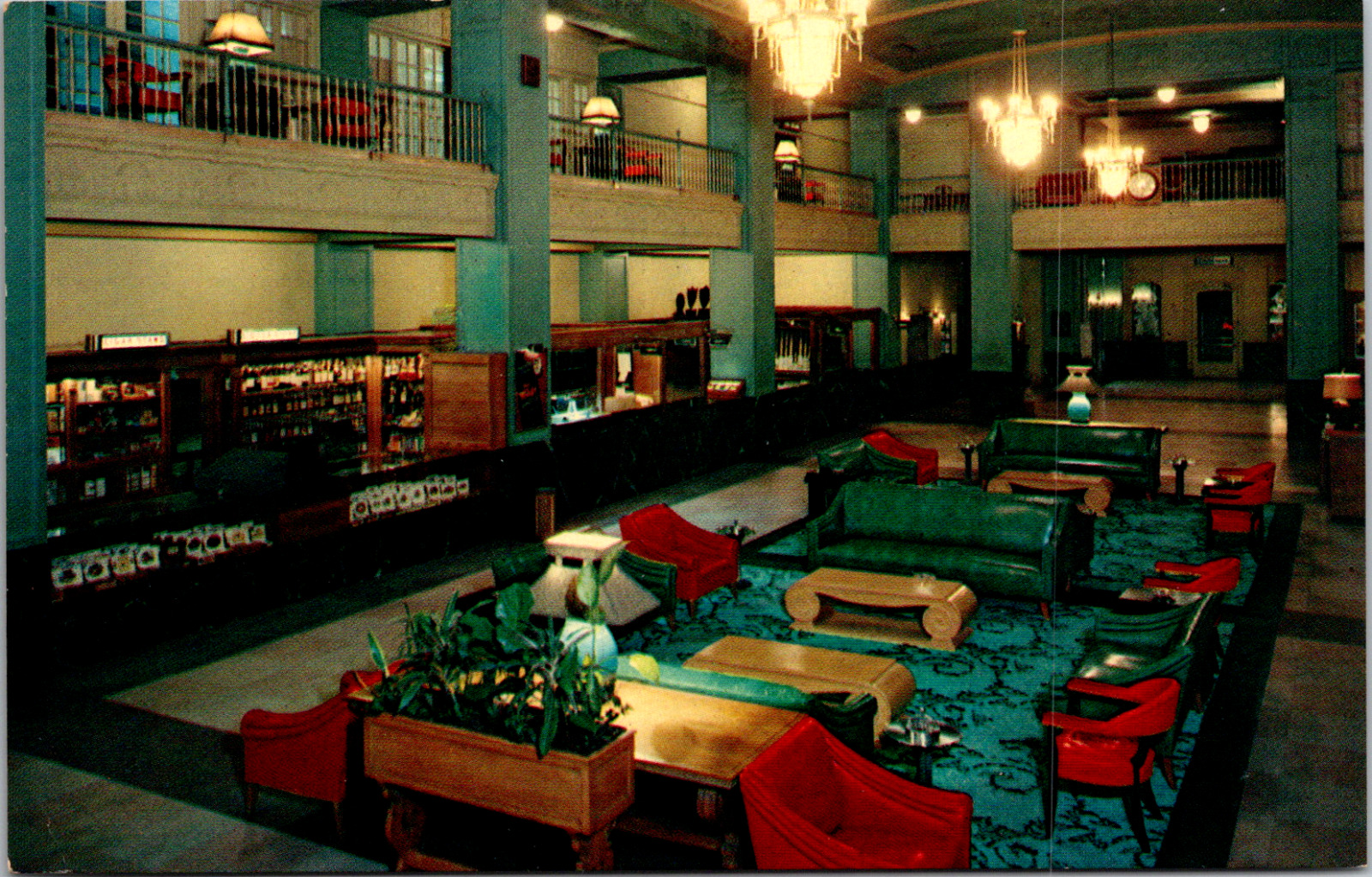 Fort Worth Hotel Texas (Hilton) Interior Lobby & Bar View Vintage Postcard 