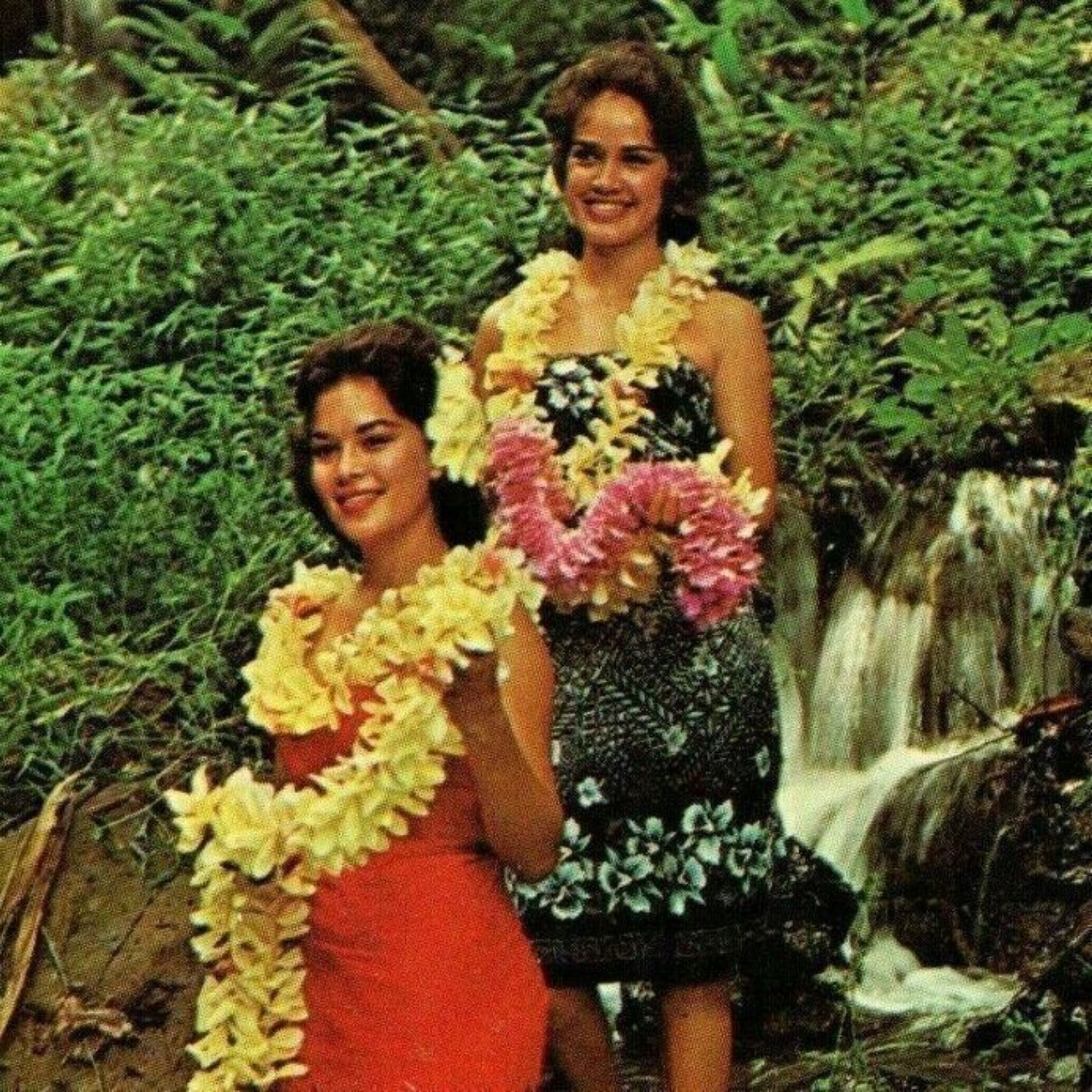 1960s United Airlines Hawaiian RPPC Postcard Native Women Waterfall Lei Vivid
