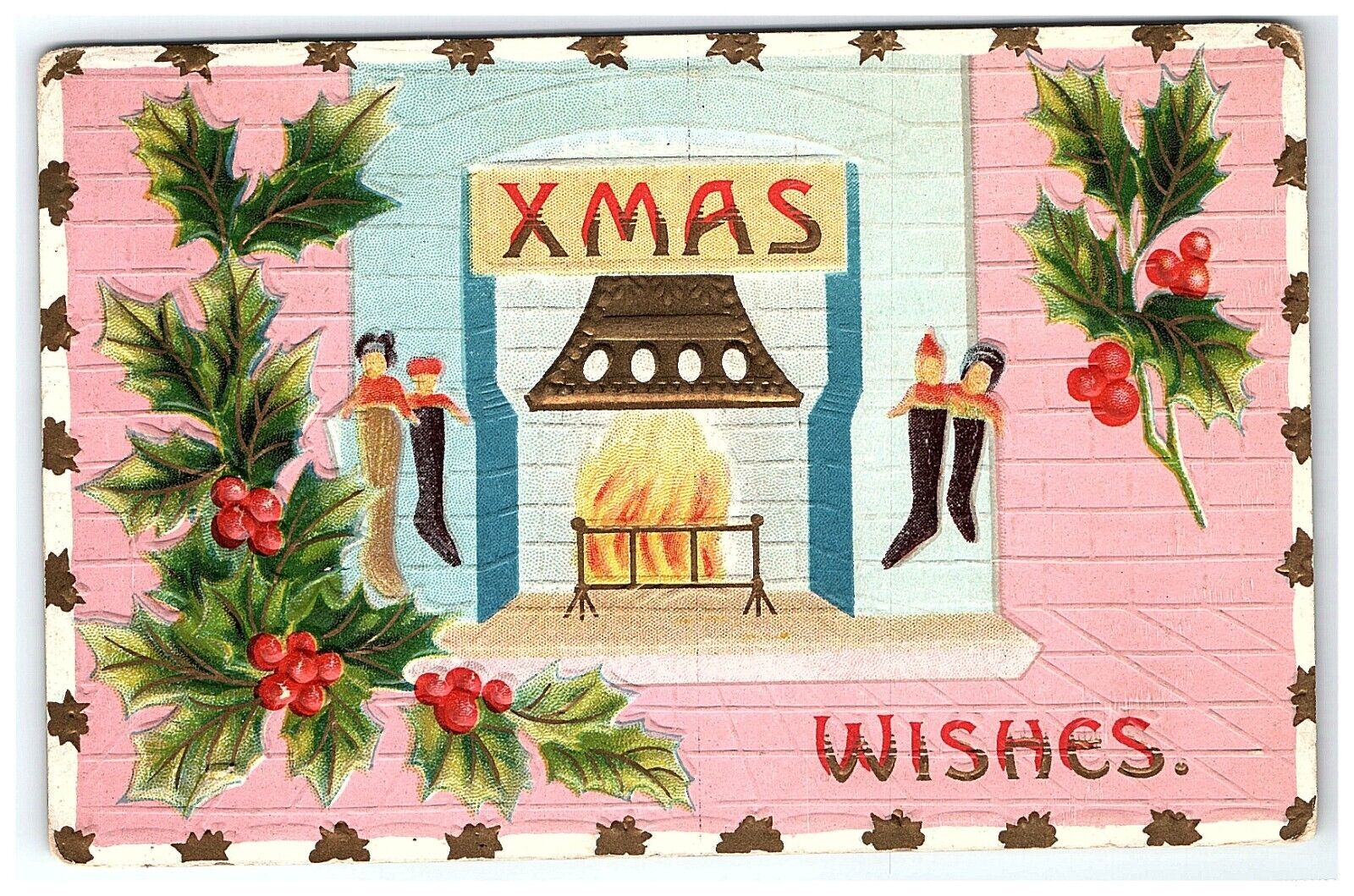 1907-15 Christmas Postcard Fireplace Wishes Holly Embossed Xmas Stockings Pink