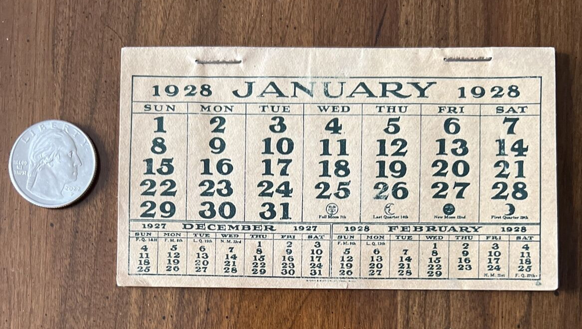 Very Rare Small Antique 1928 Calendar