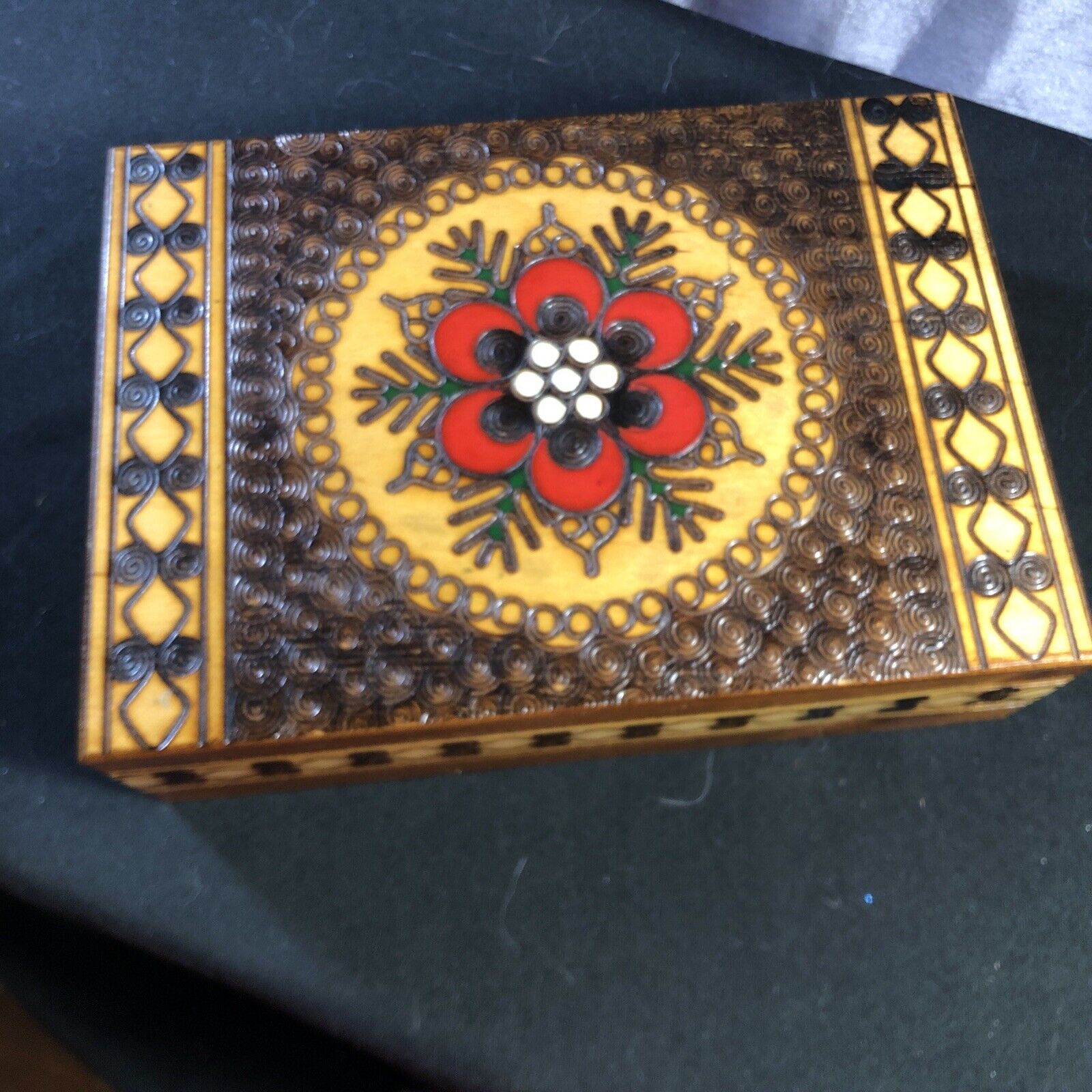 Folk Art Ornate Wood Carved Jewelry Trinket Box Floral Pattern
