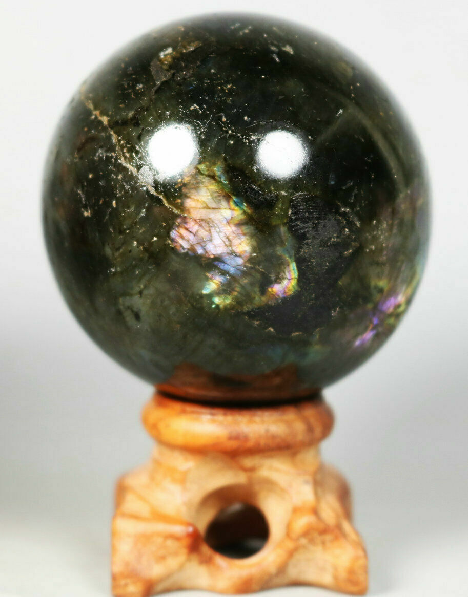 52mm Natural purple Labradorite Crystal Ball SPHERE Rosewood Stand Madagascar