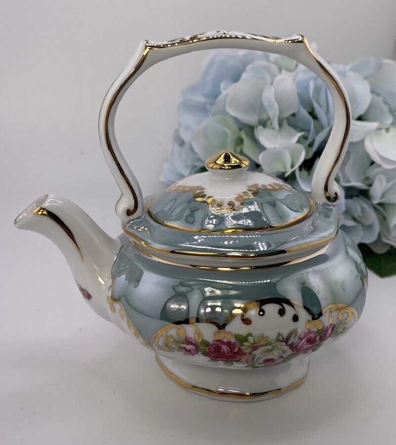 Miniature Porcelain Tea Pot Iridescent Blue With Pink Floral Gold Trim CHINA