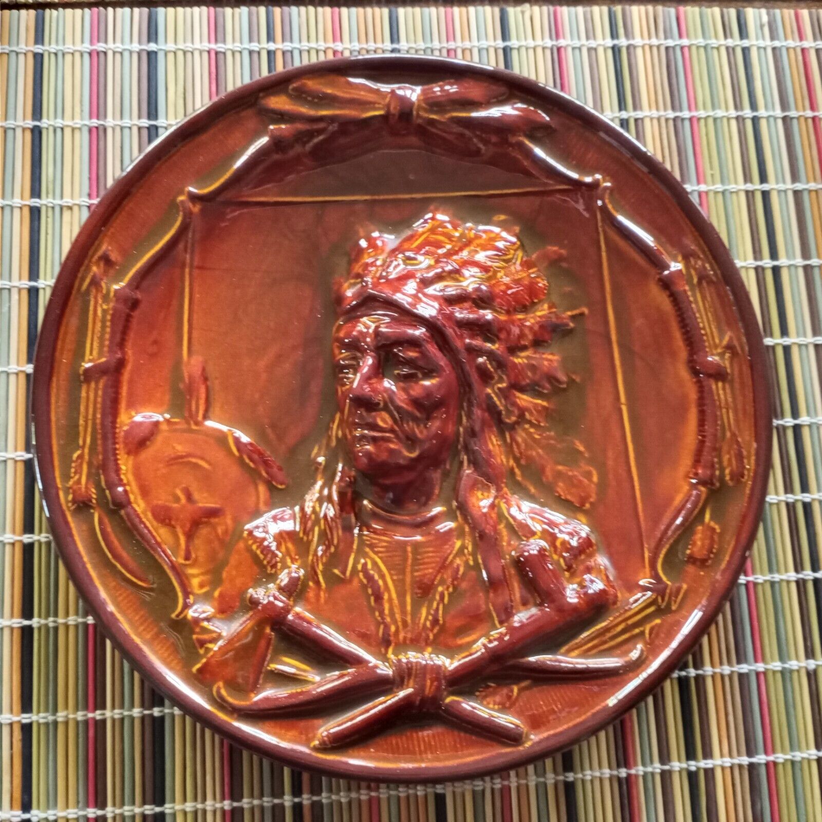 Vintage 1978 American Indian Chief Ceramic Plate in Relief Cherokee 4/5/1978