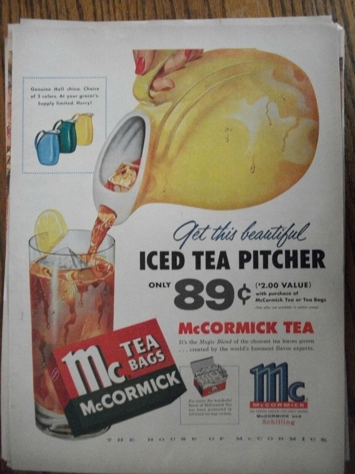 VTG 1955 Orig Magazine Ad McCormick Tea For Beautiful Iced Tea Pitcher $2 Value