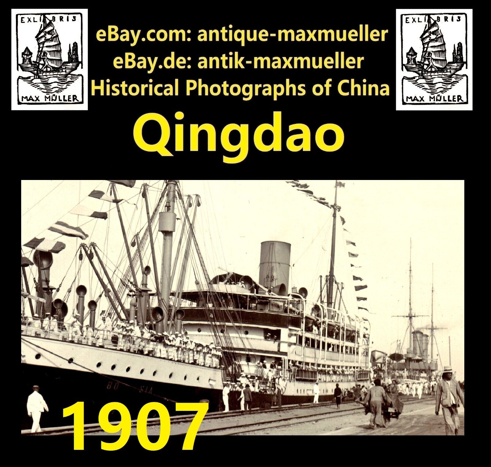 China Tsingtau Old Qingdao Harbour Scene Troop Steamer Borussia  1907 good size