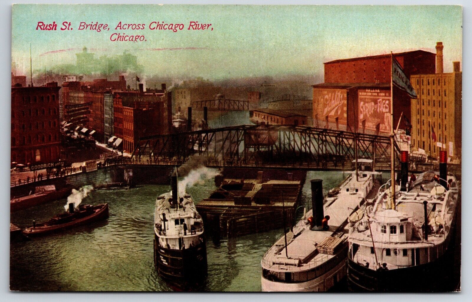 c1900s Chicago IL Rush Street Bridge Across Chicago River Boats Steamer Postcard