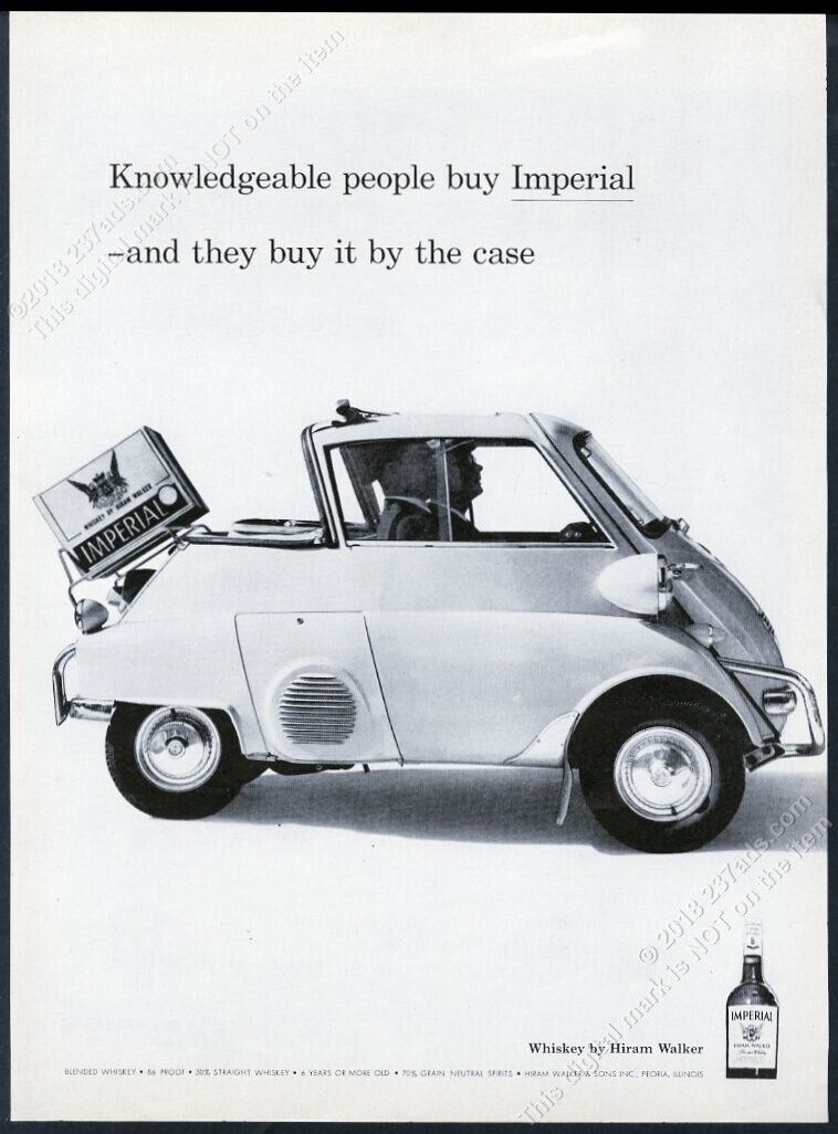1958 BMW Isetta car profile photo Hiram Walker Imperial whiskey vintage print ad