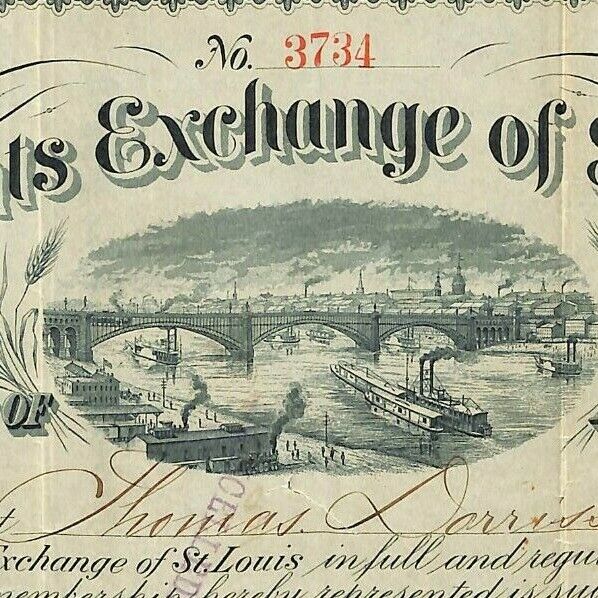 Vintage 1882 Merchants Exchange of St. Louis Certificate of Membership #3734