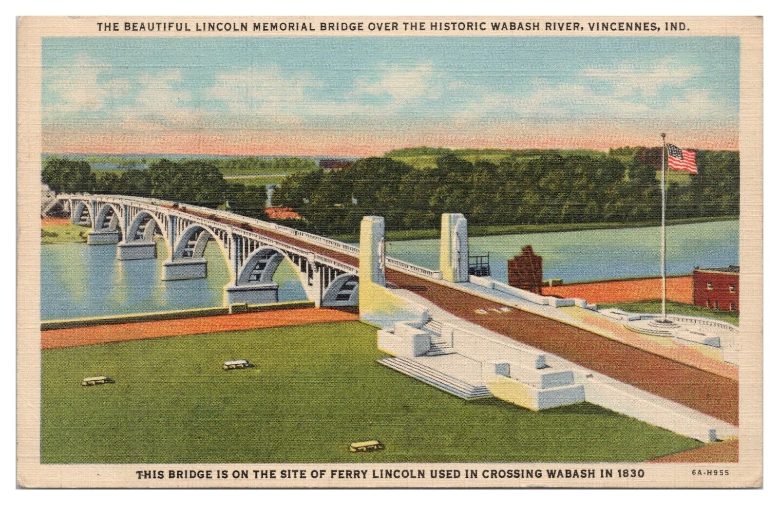 Vintage Lincoln Memorial Bridge Vincennes IN Postcard c1946 Wabash River Linen