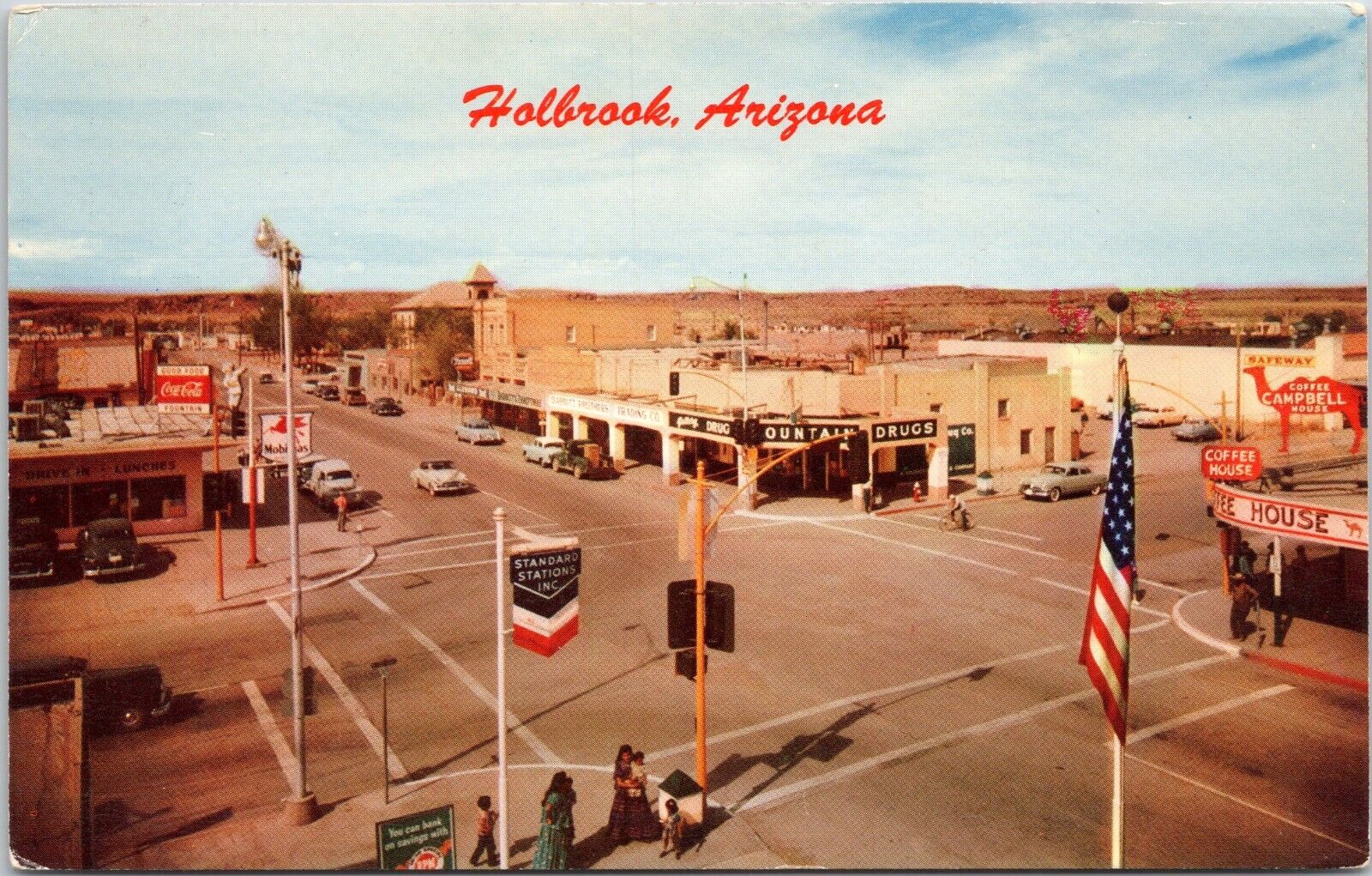 Holbrook Arizona- c1950s Chrome Postcard- Route 66, Standard Oil, Coca Cola Flag