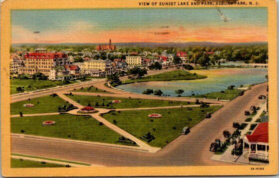  A Sky Line View Of Sunset Lake And Park Asbury Park NJ Vintage Linen Postcard 
