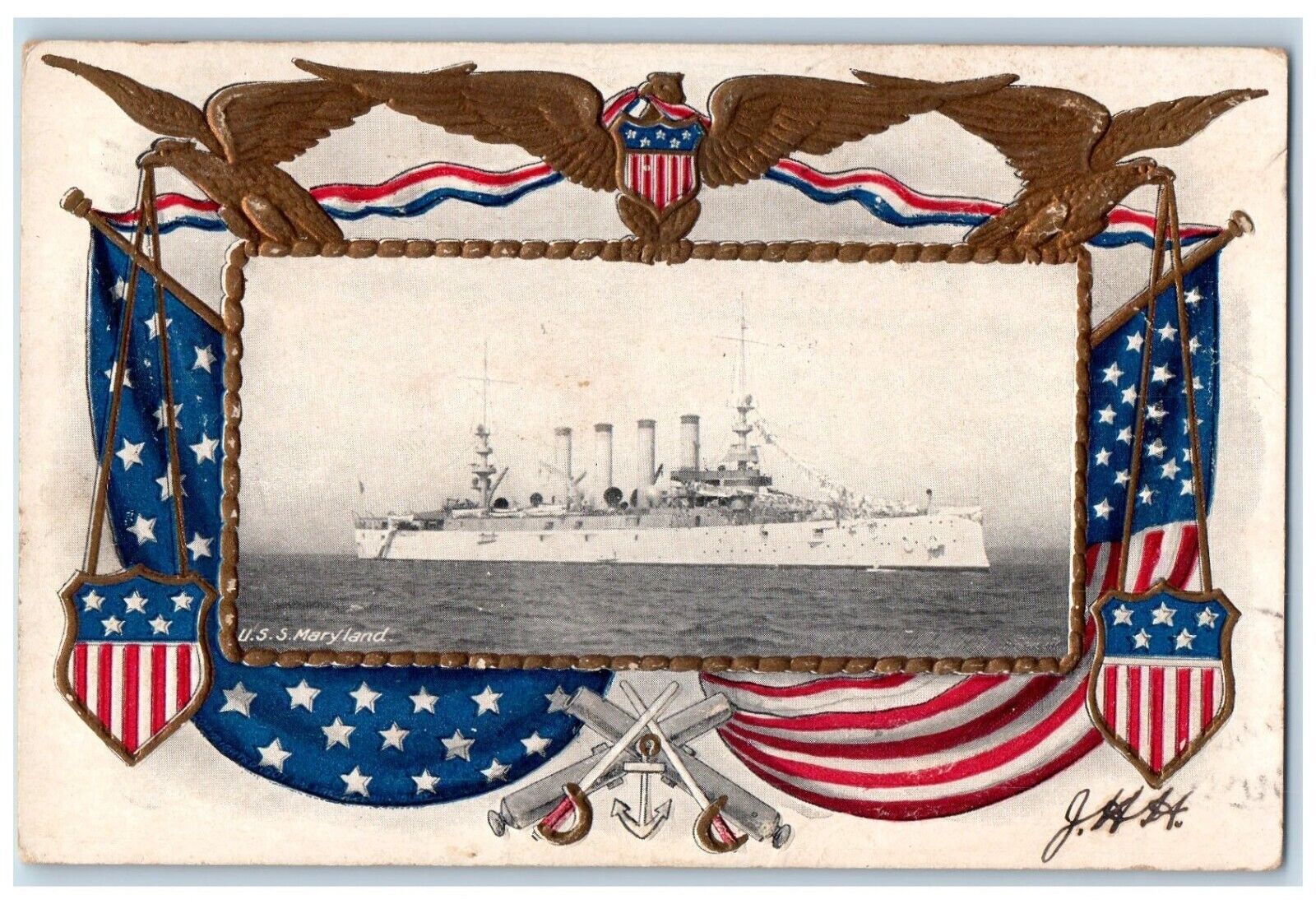 1908 U. S. S. Maryland Steamer Ship Patriotic Eagle Embossed Dover NH Postcard