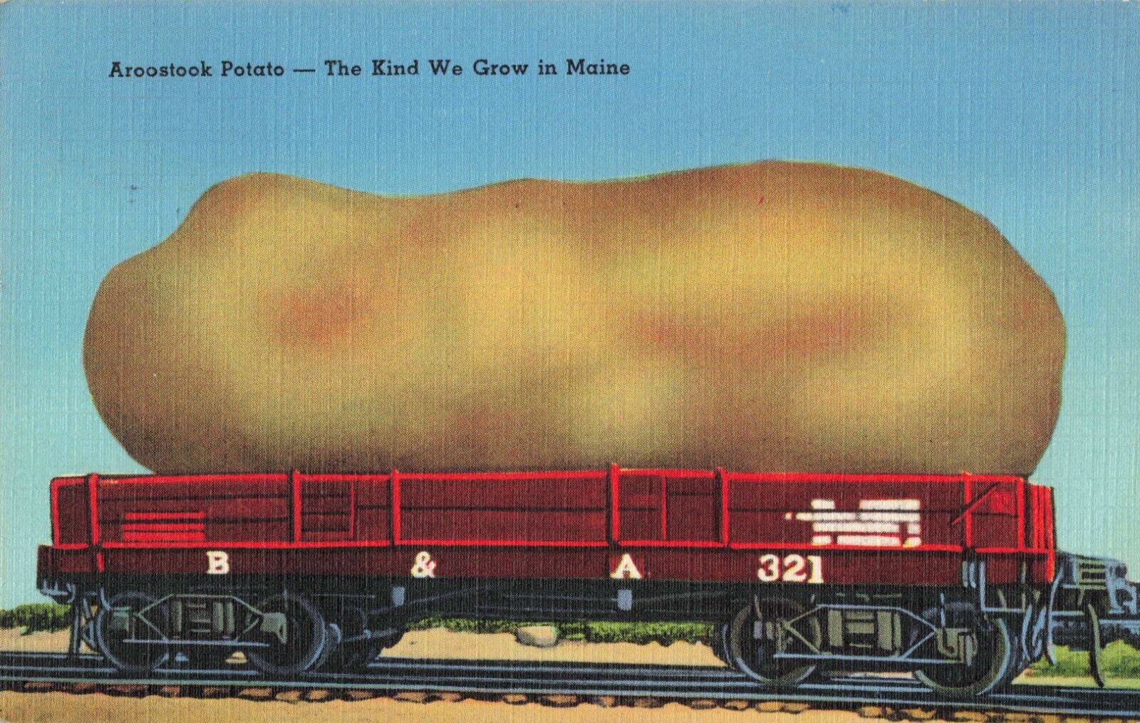 South Brewer ME Maine, Aroostook Potato Exaggeration Train Car, Vintage Postcard