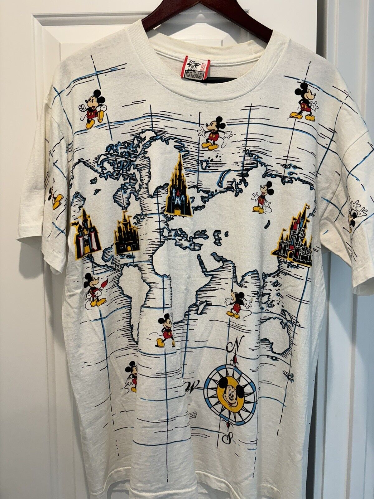 VTG 90s Mickey Mouse T-Shirt Walt Disney All Over Print Map Kingdom One Size