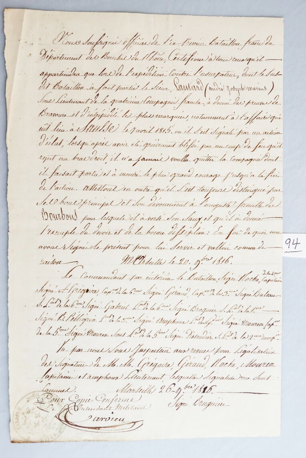 1816 Certificate Soldier Napoleon King Louis XVIII General Bruguiere Waterloo