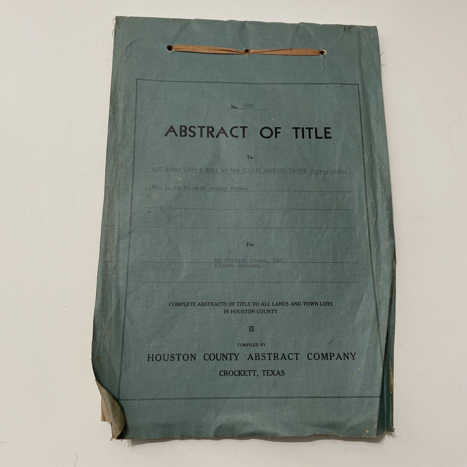 Abstract Of Title Houston County Abstract Company Crockett TX 1947 65 Pages