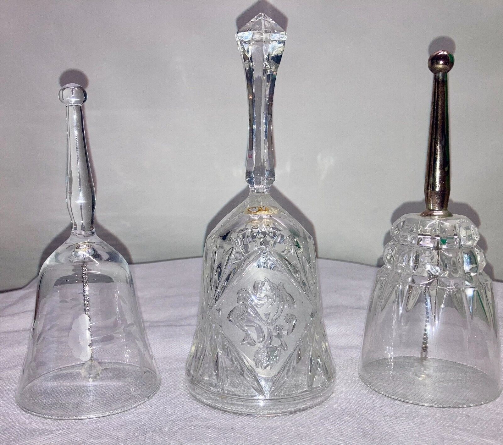 Lot of 3 Princess House Crystal Bells Etched Roses Floral Silver Plated Handle