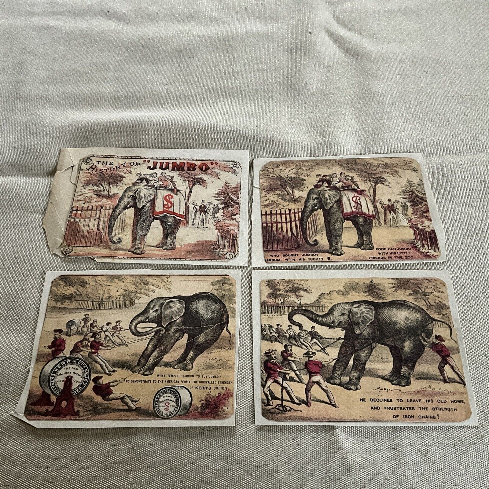 Four (4) Kerrs Spool Cotton Jumbo Elephant Barnum Bailey 1880\'s Trade Cards