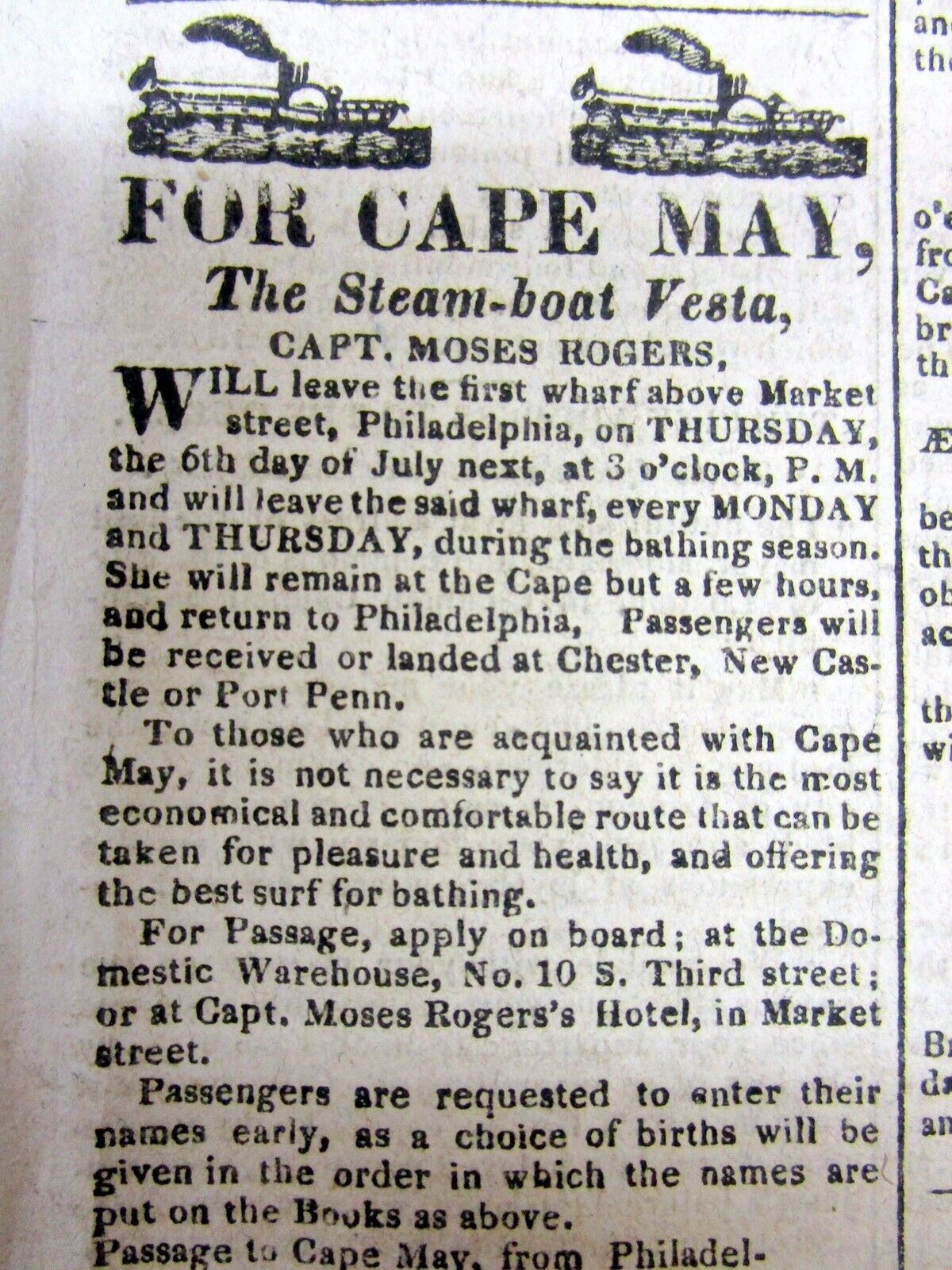 1820 newspaper with illustrated front page ad CAPE MAY FERRY from PHILADELPHIA