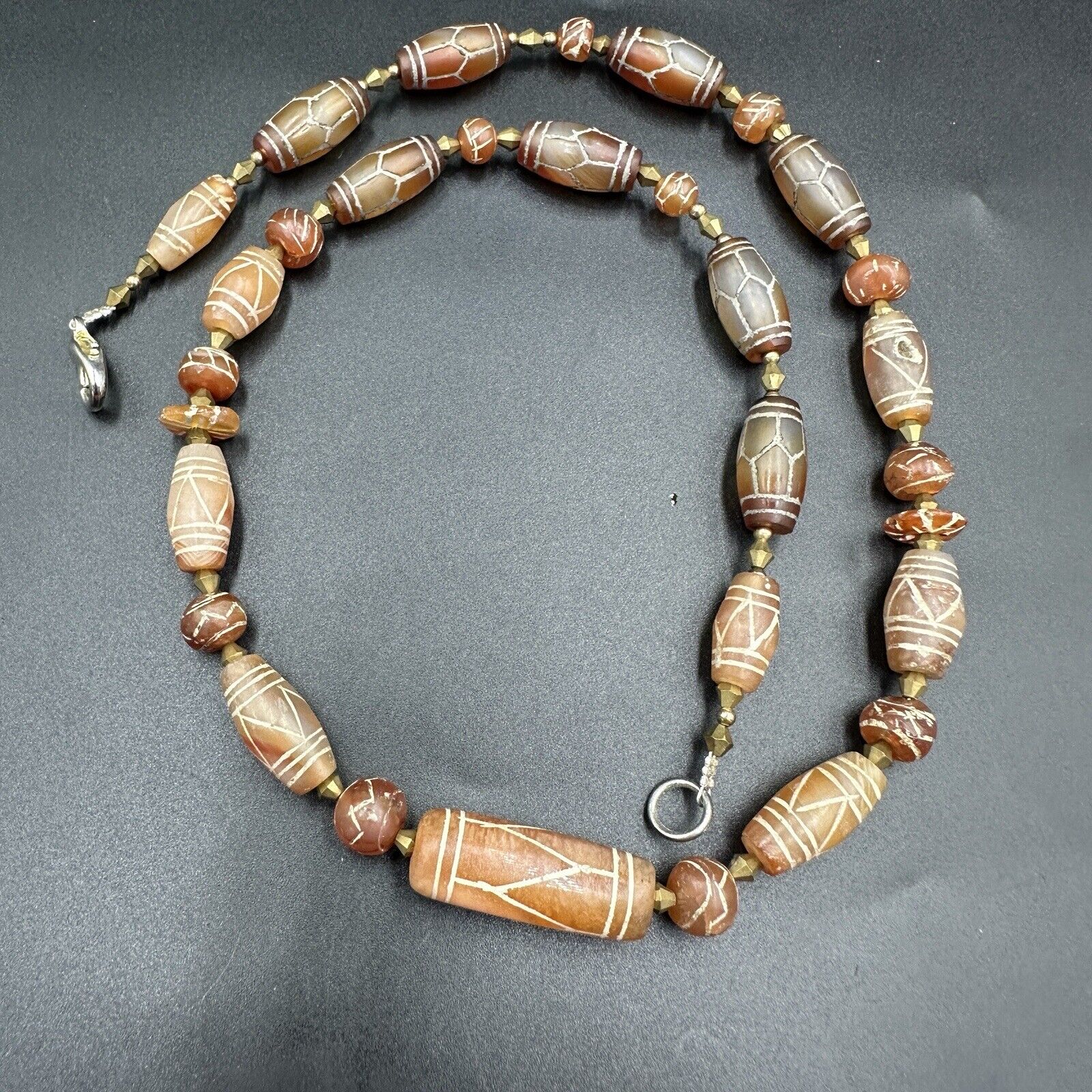 ancient etched carnelian Agate beads necklace beautiful colour