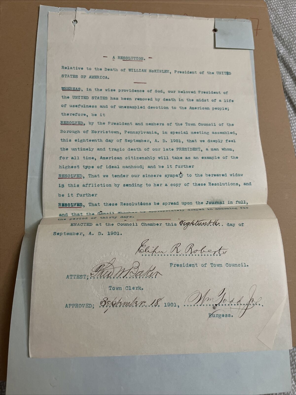 Antique Norristown PA Council Resolution on President McKinley Assassination