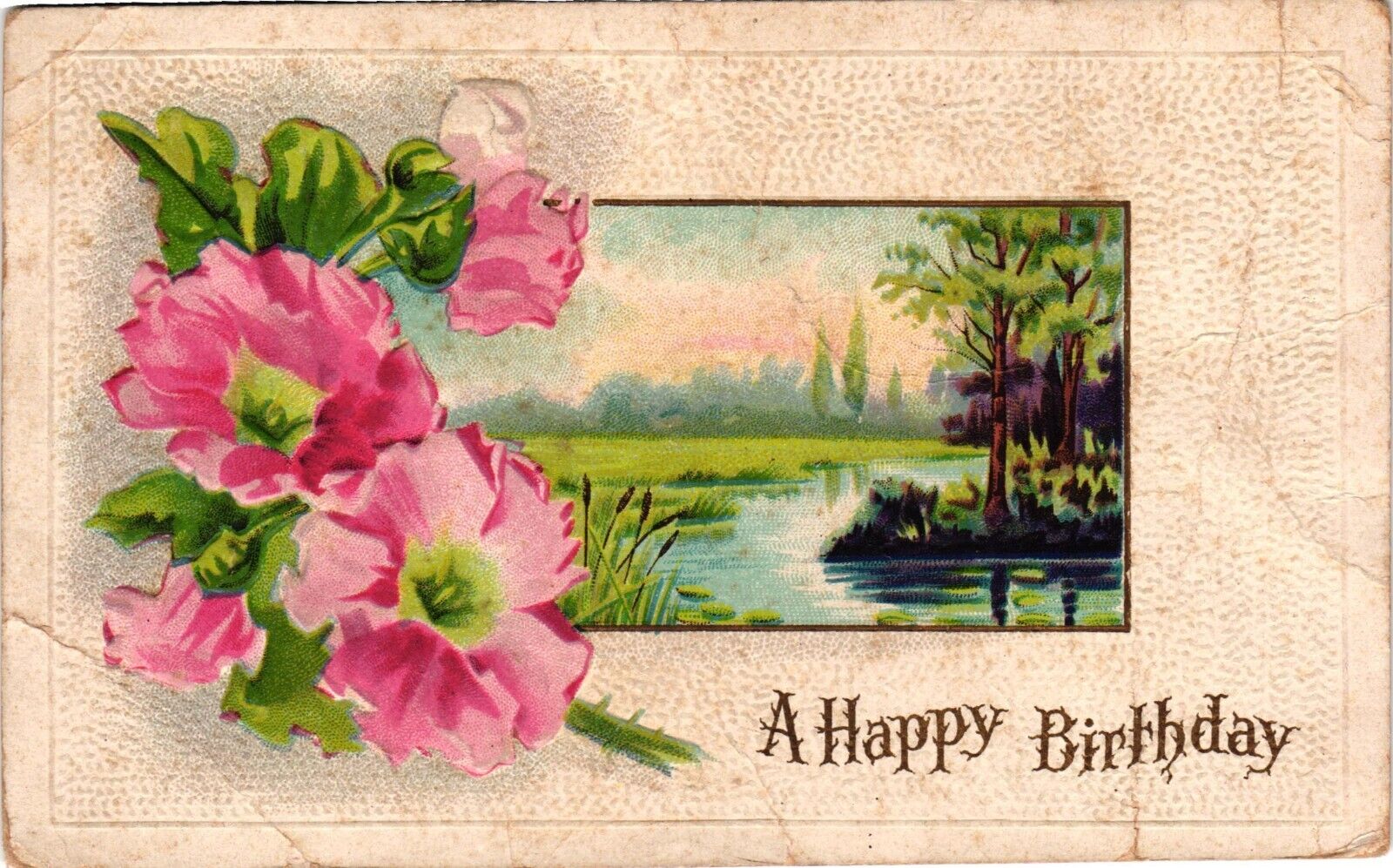1917 A Happy Birthday Pink Floral Embosses Posted Divided Back Vintage Postcard
