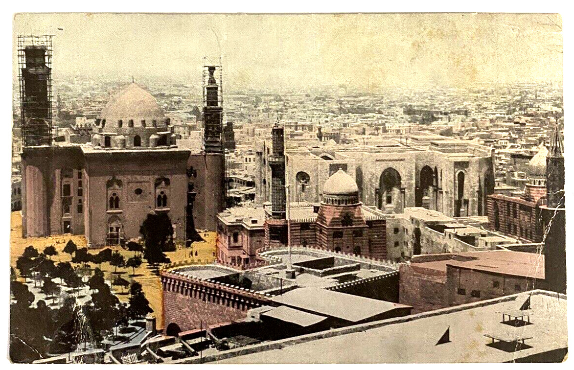 Cairo Egypt Antique Postcard 1900s Bird's Eye View Hand Colored Unused Divided