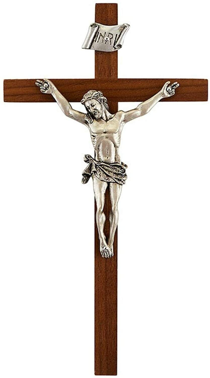 Religious Wooden Walnut Wall Cross Crucifix with Pewter Christ Corpus, 8 Inch