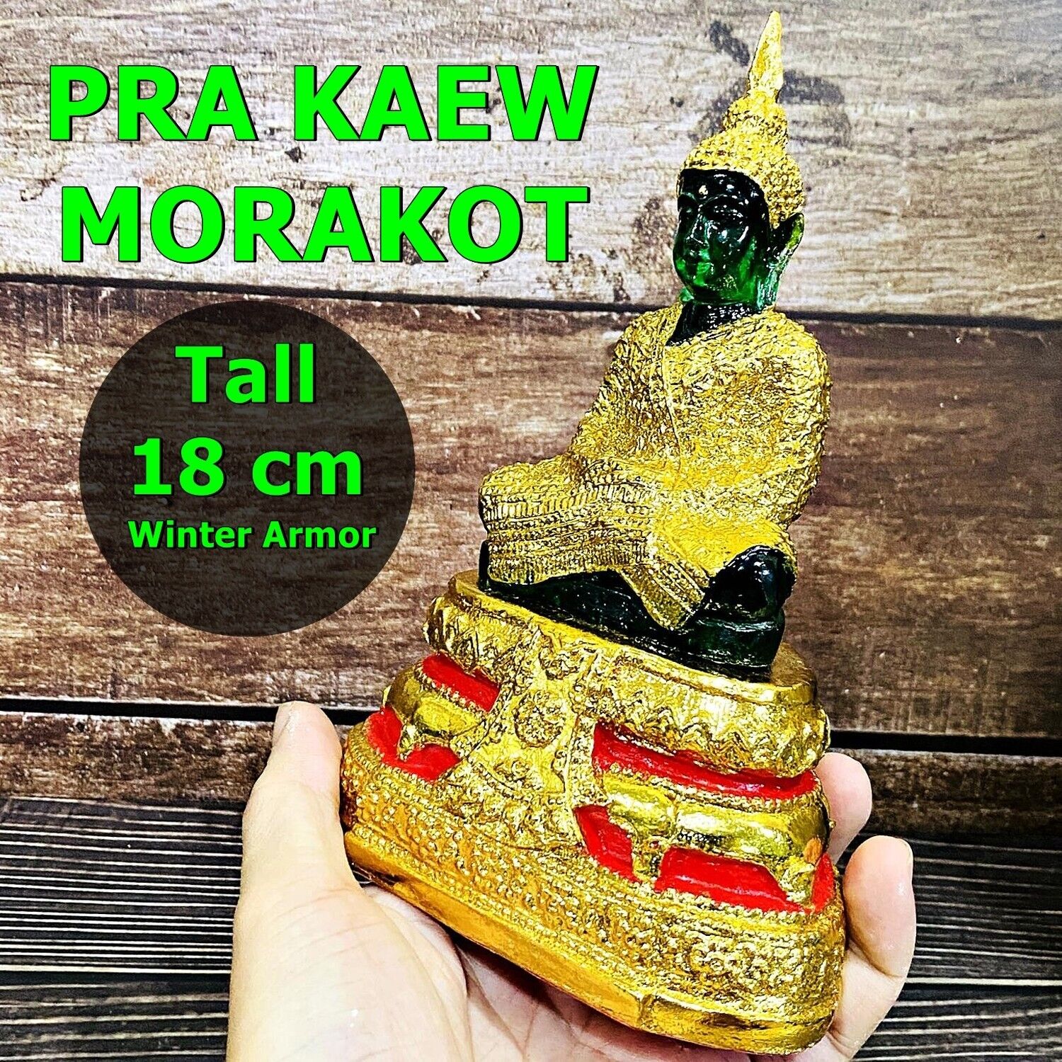 Meditation Green Emerald Buddha Statue Armor Gold Winter 18cm Thai Amulet #17243